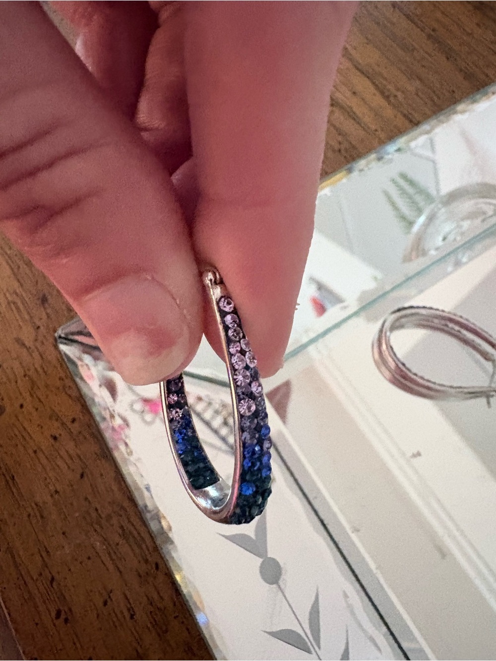 Silver Hoop Earrings with Blue and Purple Crystal Accents